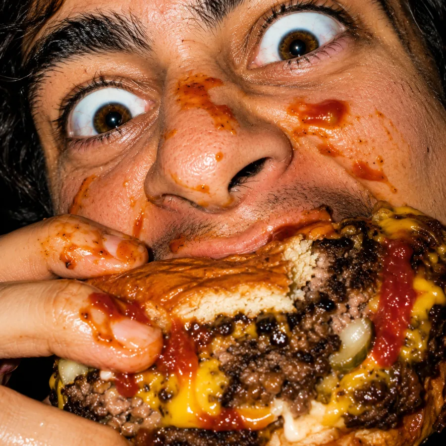 Uomo con gli occhi sgranati e il ketchup sul viso che addenta uno smash burger